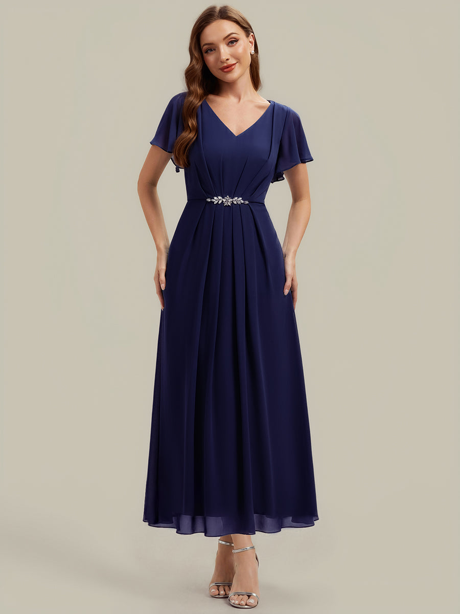 Chiffon Rhinestone Embellished Ruffle Sleeve Wedding Guest Dress — Navy Blue