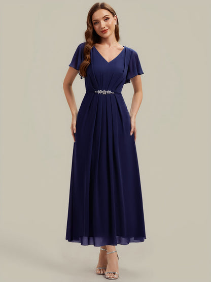 Chiffon Rhinestone Embellished Ruffle Sleeve Wedding Guest Dress — Navy Blue