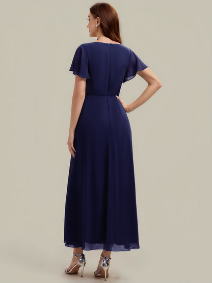 Chiffon Rhinestone Embellished Ruffle Sleeve Wedding Guest Dress