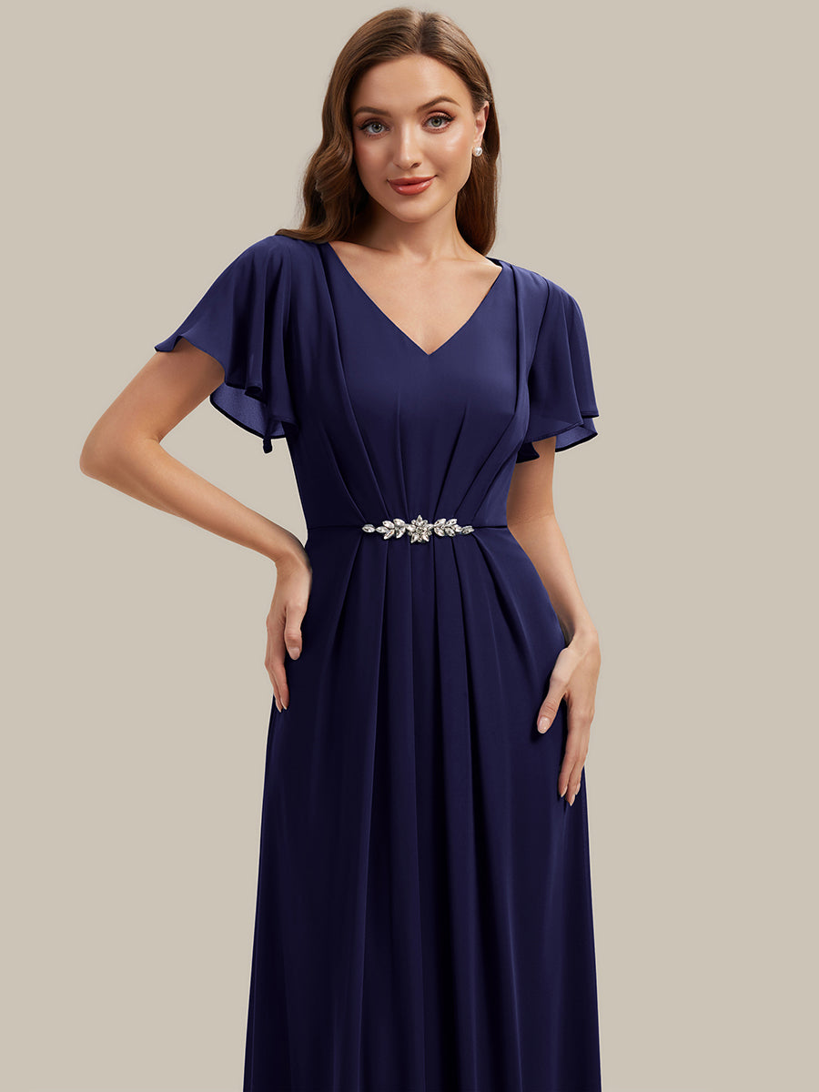 Chiffon Rhinestone Embellished Ruffle Sleeve Wedding Guest Dress