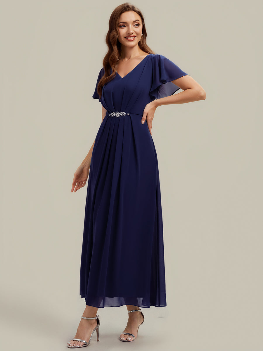 Chiffon Rhinestone Embellished Ruffle Sleeve Wedding Guest Dress