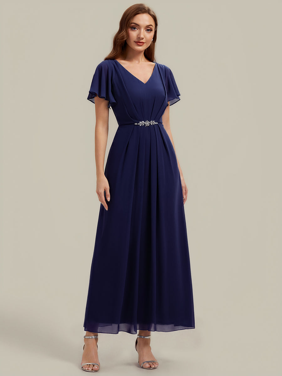 Chiffon Rhinestone Embellished Ruffle Sleeve Wedding Guest Dress