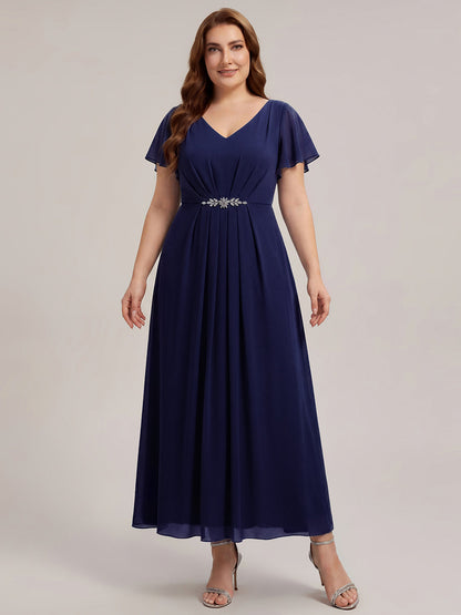 Chiffon Rhinestone Embellished Ruffle Sleeve Wedding Guest Dress