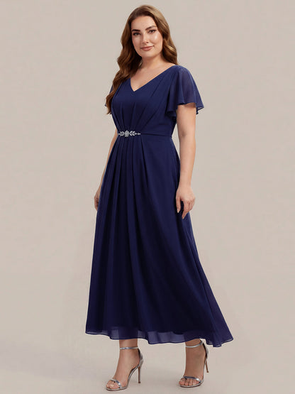 Chiffon Rhinestone Embellished Ruffle Sleeve Wedding Guest Dress