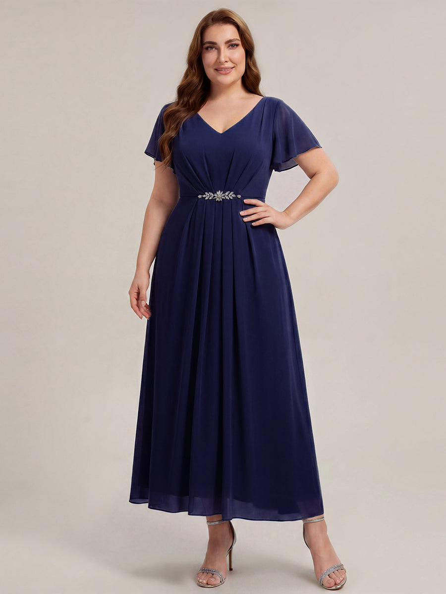 Chiffon Rhinestone Embellished Ruffle Sleeve Wedding Guest Dress