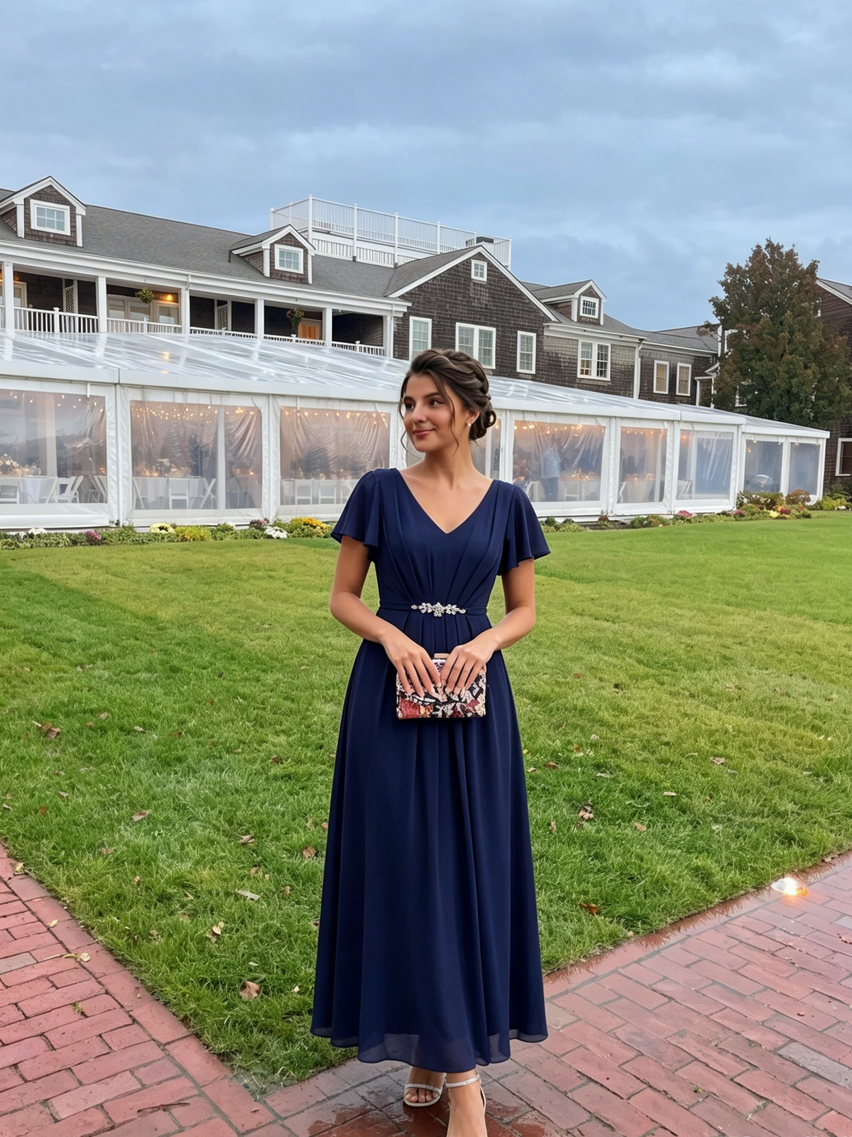 Chiffon Rhinestone Embellished Ruffle Sleeve Wedding Guest Dress