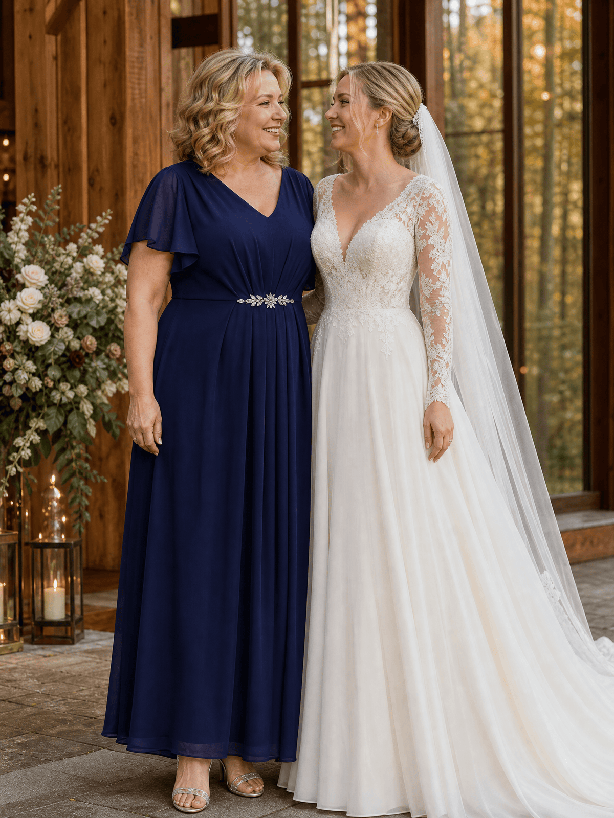 Chiffon Rhinestone Embellished Ruffle Sleeve Wedding Guest Dress