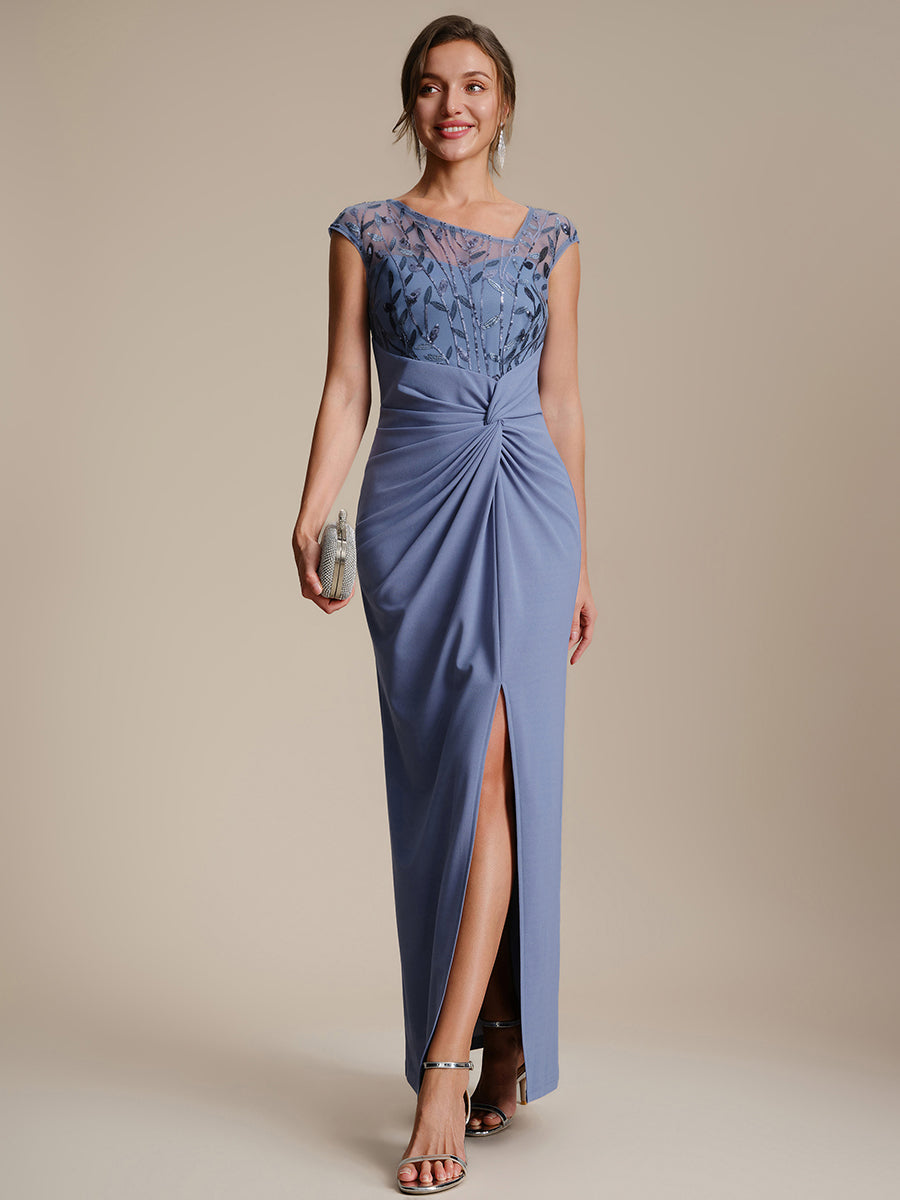 Crepe Knotted Cap Sleeve Wedding Guest Dress — Dusty Blue