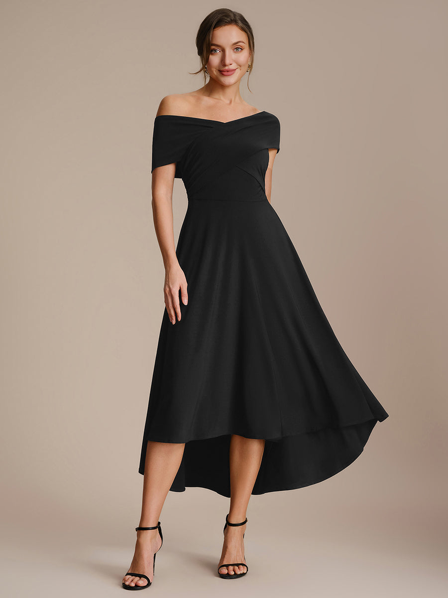 Knit Off-the-shoulder Sleeve A-Line Wedding Guest Dress — Black