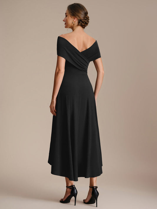 Knit Off-the-shoulder Sleeve A-Line Wedding Guest Dress