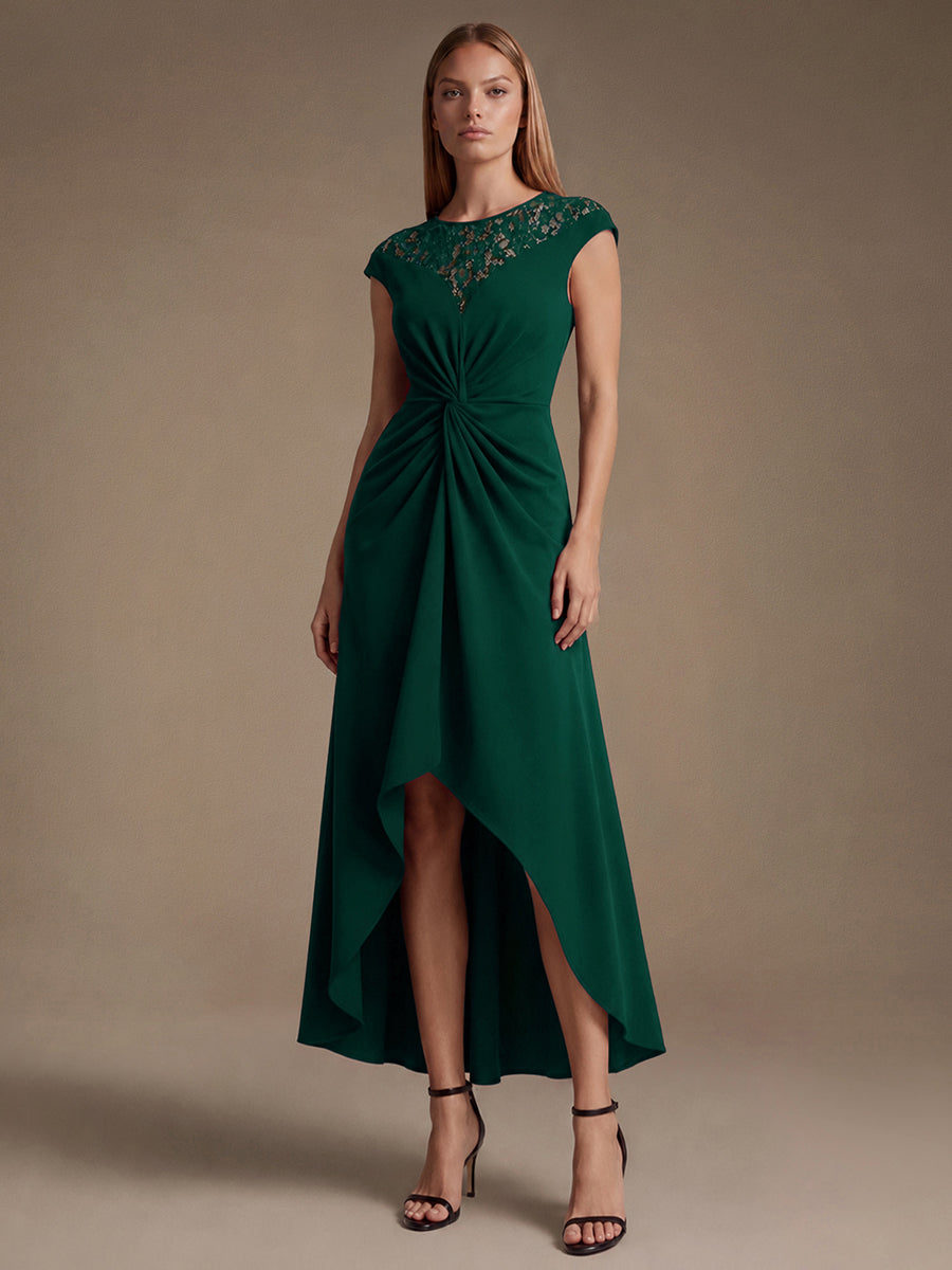 Crepe See-through Cap Sleeve Wedding Guest Dress — Dark Green