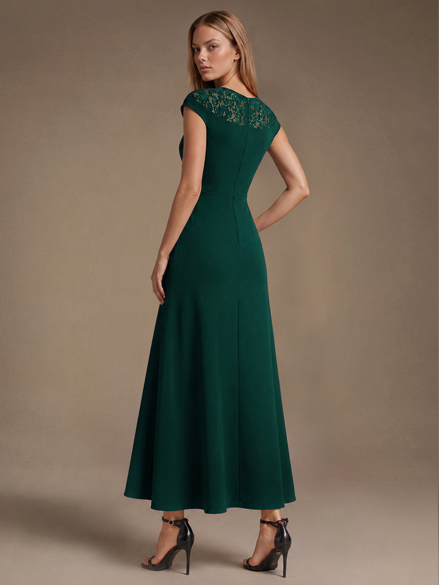 Crepe See-through Cap Sleeve Wedding Guest Dress