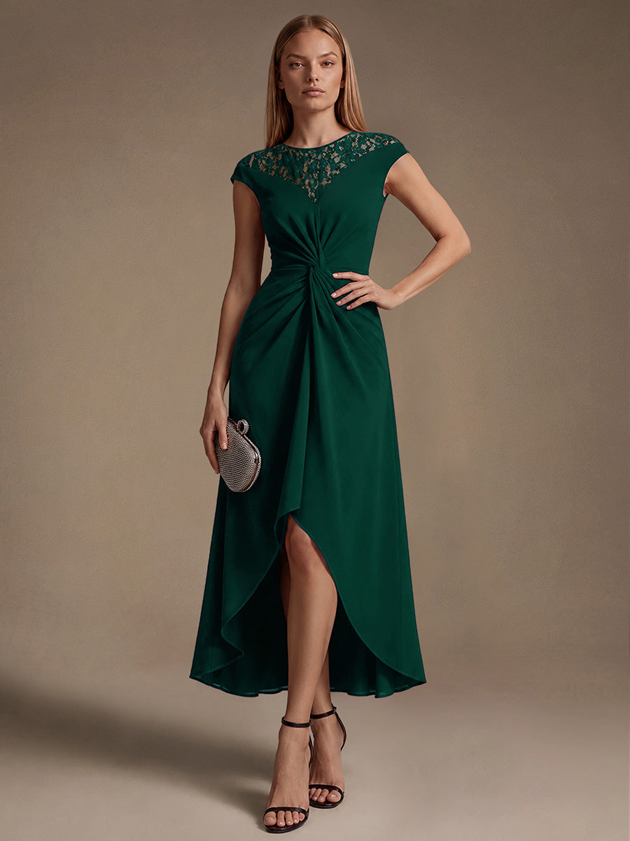 Crepe See-through Cap Sleeve Wedding Guest Dress