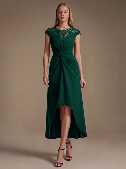 Crepe See-through Cap Sleeve Wedding Guest Dress