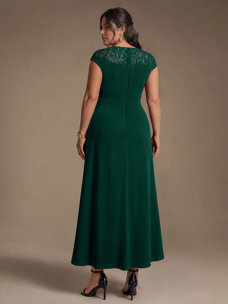 Crepe See-through Cap Sleeve Wedding Guest Dress
