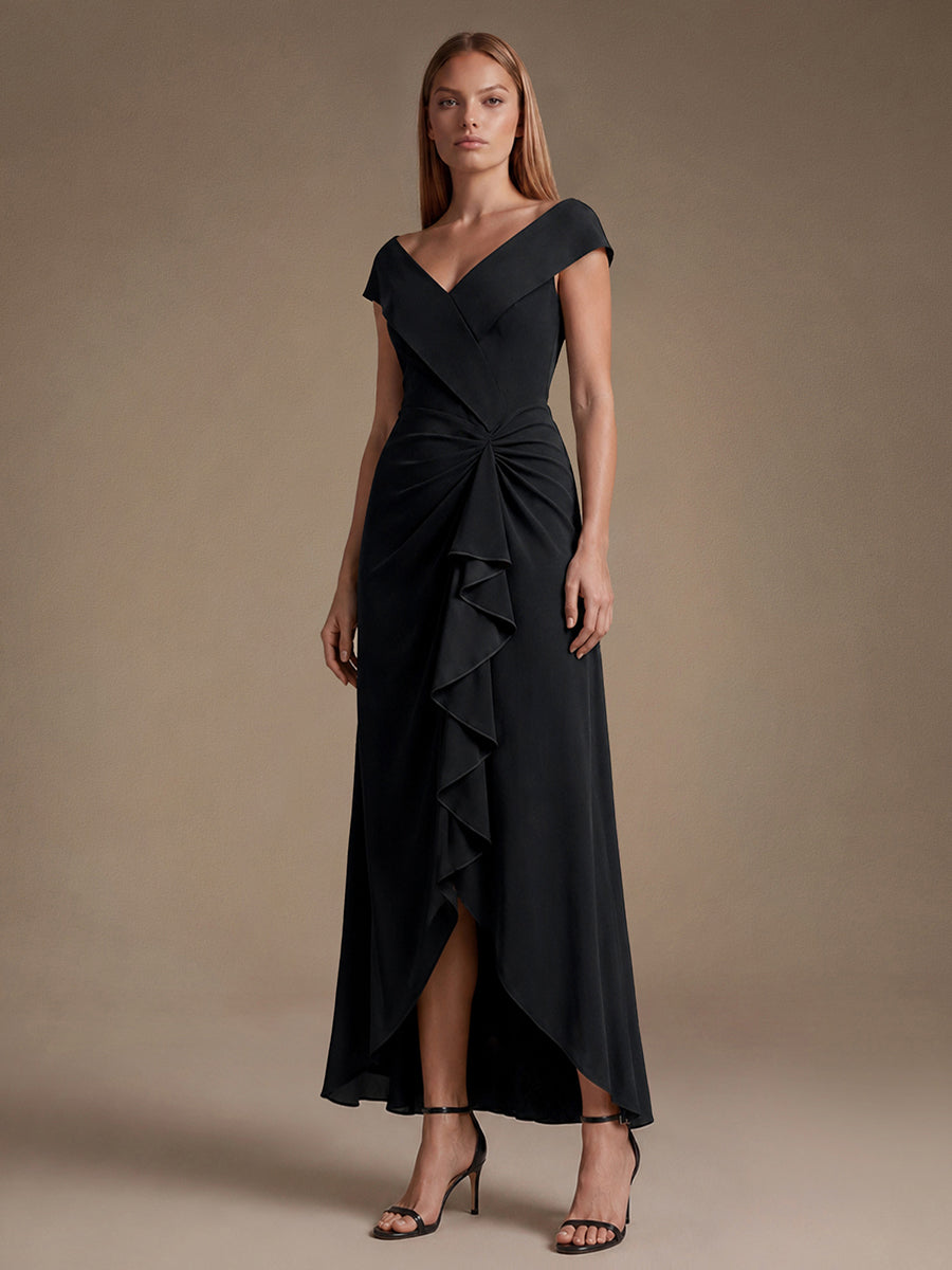 Crepe Ruffle Cap Sleeve Evening Dress — Black