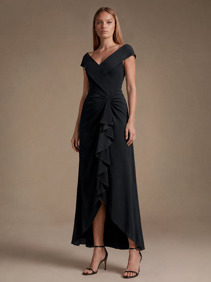 Crepe Ruffle Cap Sleeve Evening Dress — Black
