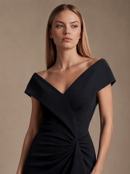 Crepe Ruffle Cap Sleeve Evening Dress