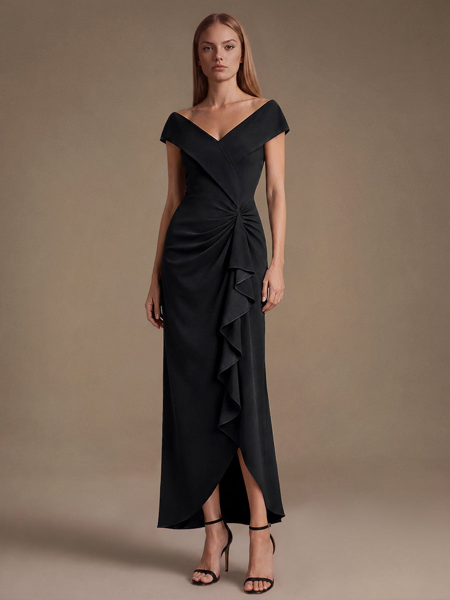Crepe Ruffle Cap Sleeve Evening Dress