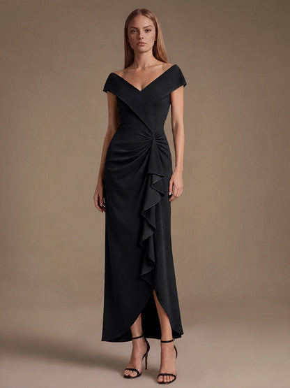 Crepe Ruffle Cap Sleeve Evening Dress