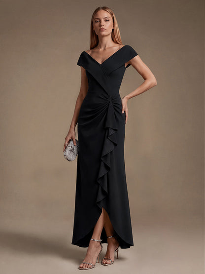 Crepe Ruffle Cap Sleeve Evening Dress