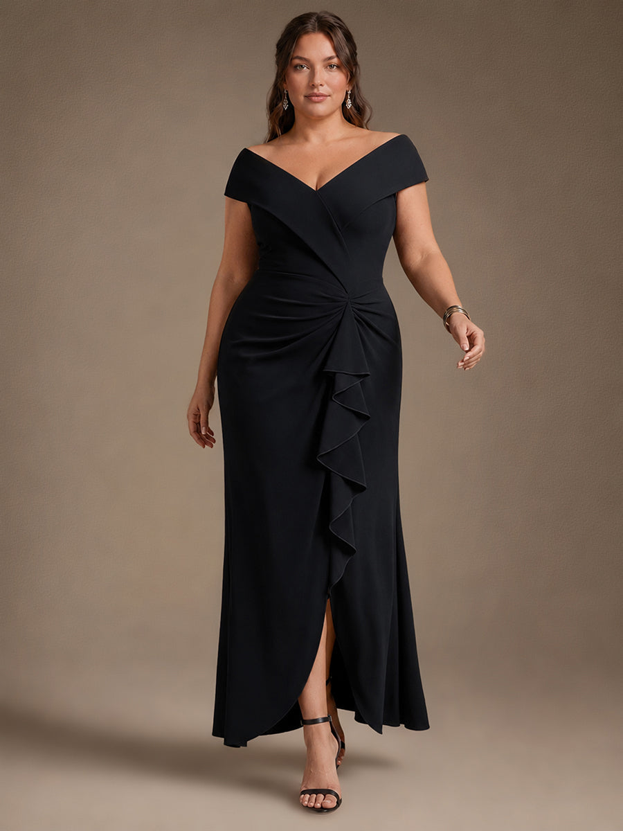 Crepe Ruffle Cap Sleeve Evening Dress