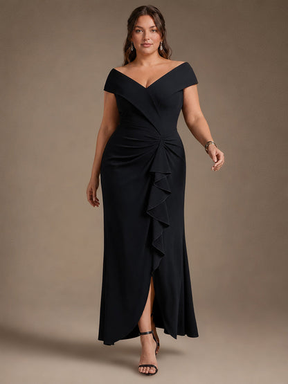 Crepe Ruffle Cap Sleeve Evening Dress