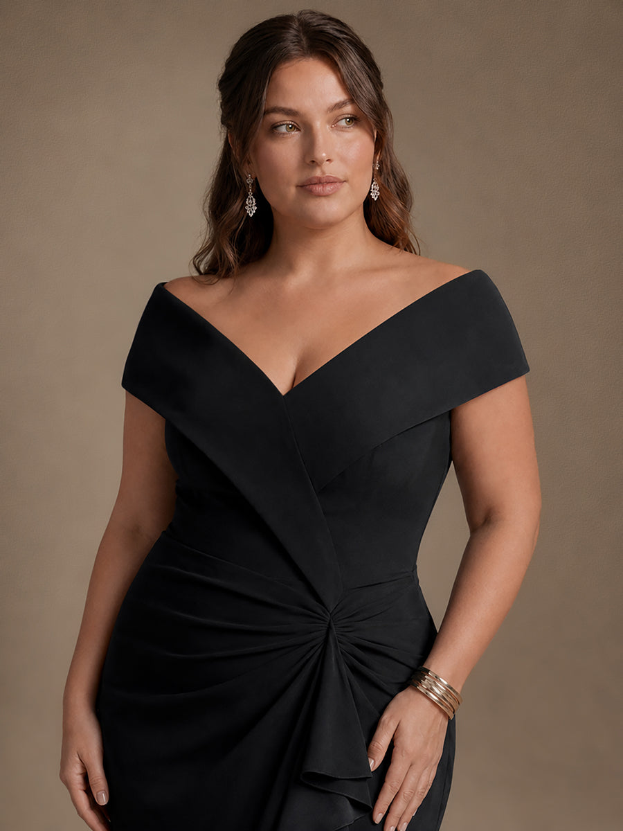 Crepe Ruffle Cap Sleeve Evening Dress