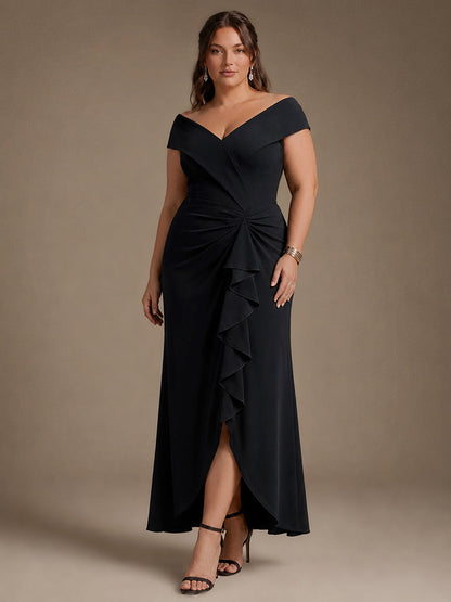 Crepe Ruffle Cap Sleeve Evening Dress