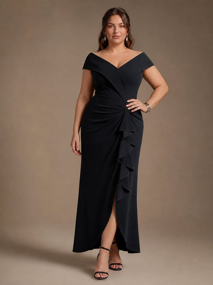 Crepe Ruffle Cap Sleeve Evening Dress
