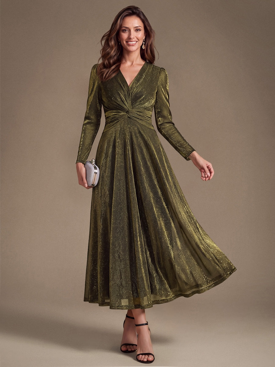 Knit Knot Detail Glitter Long Sleeve Wedding Guest Dress — Metallic Gold