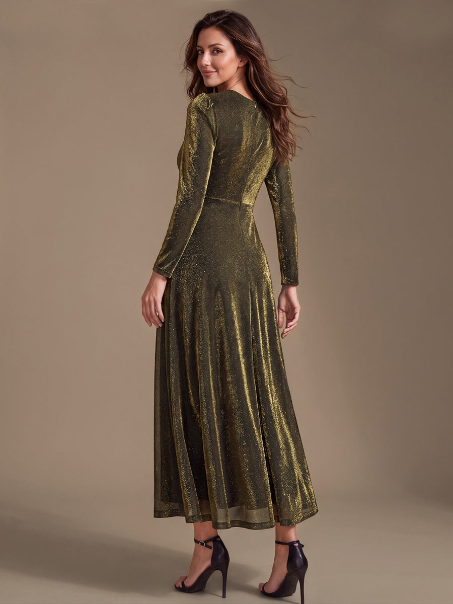 Knit Knot Detail Glitter Long Sleeve Wedding Guest Dress