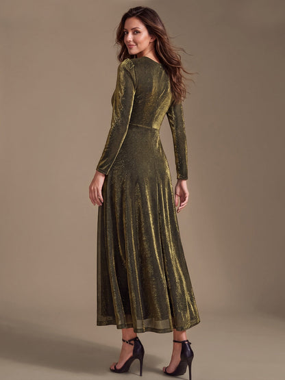 Knit Knot Detail Glitter Long Sleeve Wedding Guest Dress