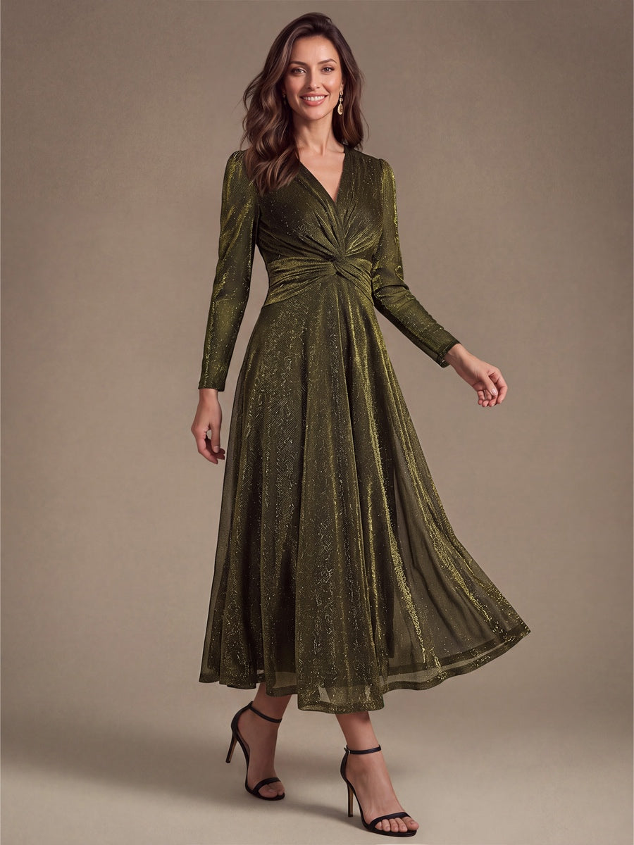 Knit Knot Detail Glitter Long Sleeve Wedding Guest Dress