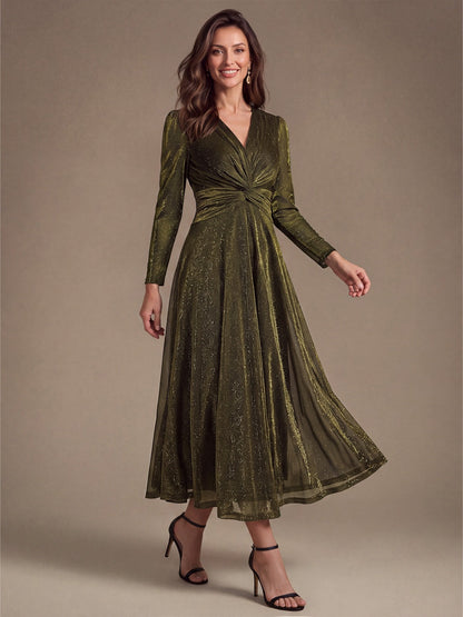 Knit Knot Detail Glitter Long Sleeve Wedding Guest Dress