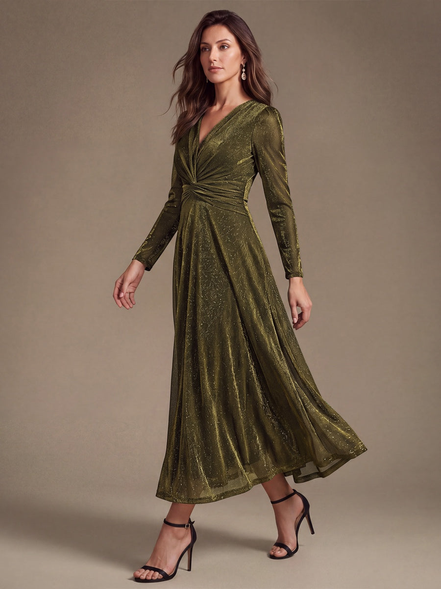 Knit Knot Detail Glitter Long Sleeve Wedding Guest Dress