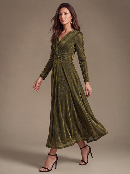 Knit Knot Detail Glitter Long Sleeve Wedding Guest Dress