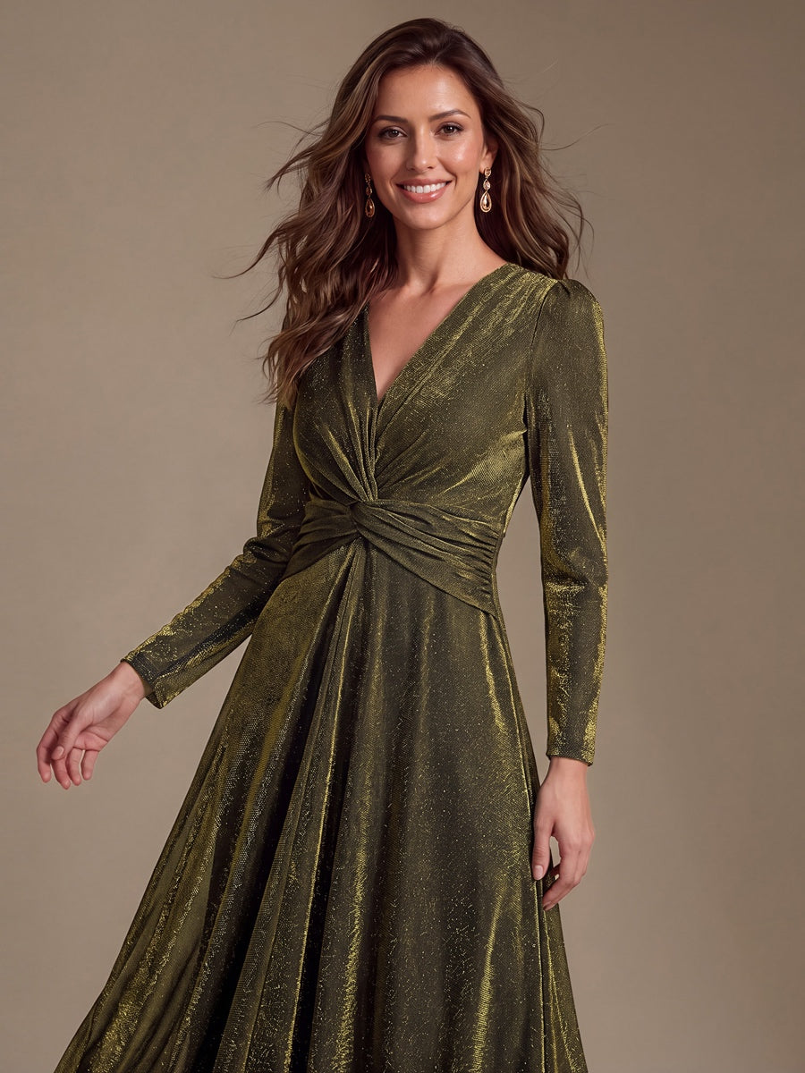 Knit Knot Detail Glitter Long Sleeve Wedding Guest Dress