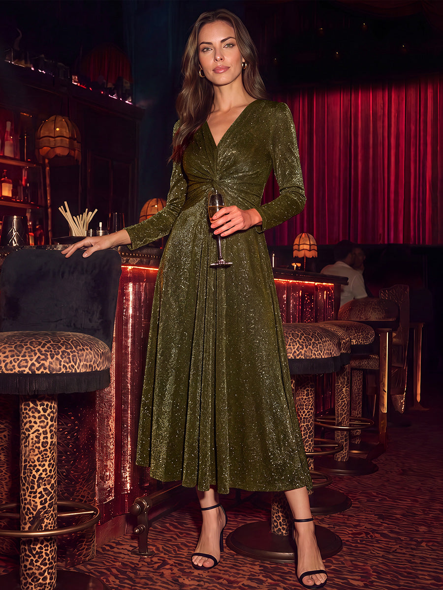 Knit Knot Detail Glitter Long Sleeve Wedding Guest Dress