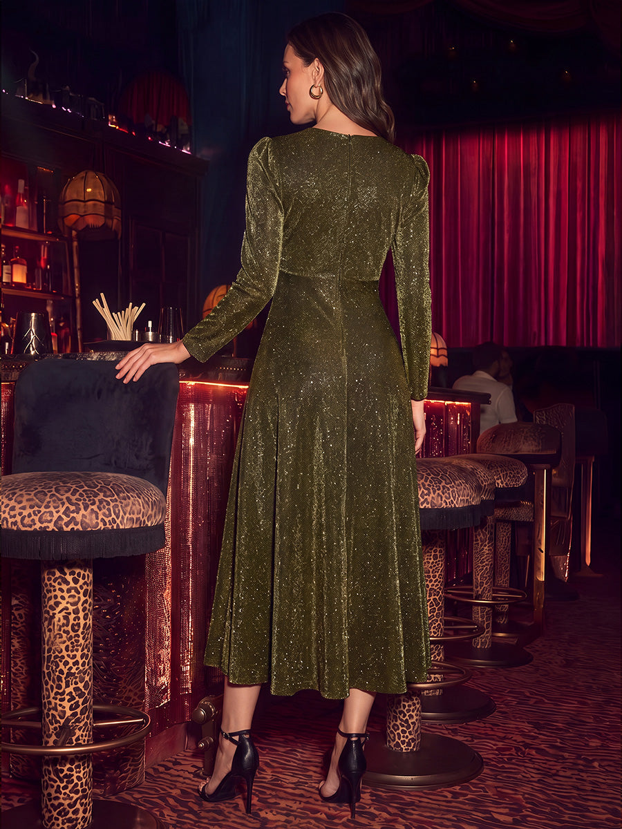Knit Knot Detail Glitter Long Sleeve Wedding Guest Dress