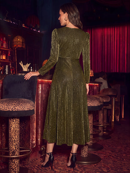 Knit Knot Detail Glitter Long Sleeve Wedding Guest Dress