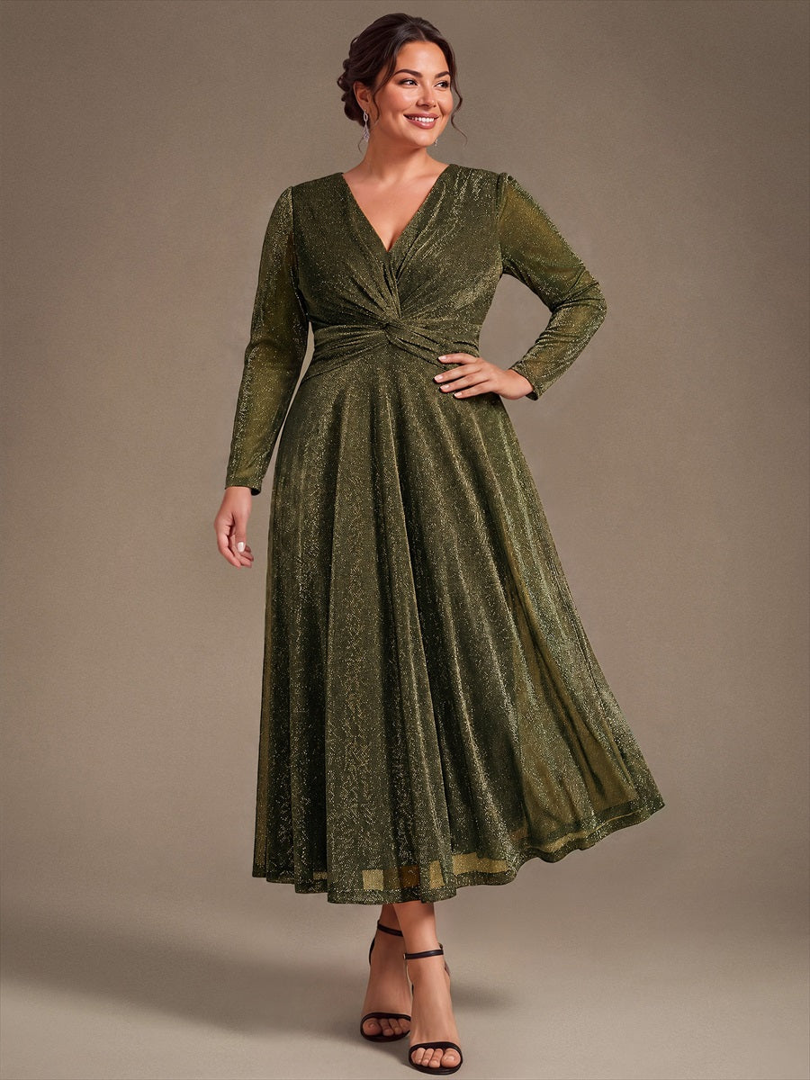 Knit Knot Detail Glitter Long Sleeve Wedding Guest Dress