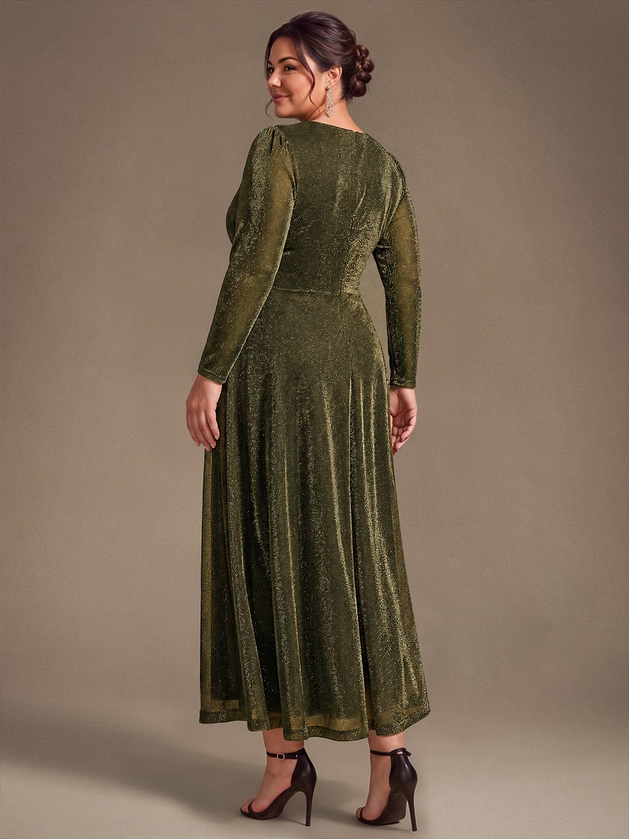Knit Knot Detail Glitter Long Sleeve Wedding Guest Dress