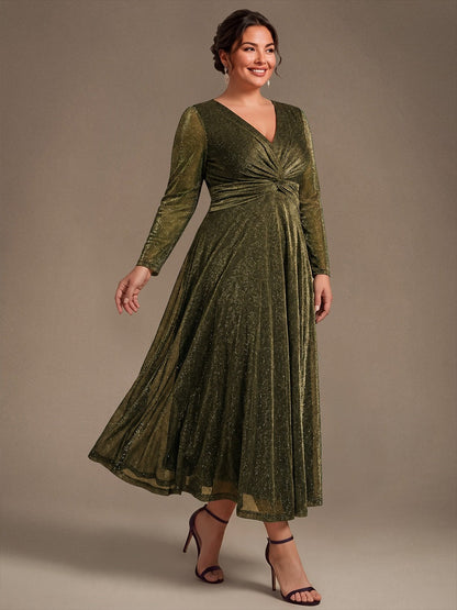 Knit Knot Detail Glitter Long Sleeve Wedding Guest Dress