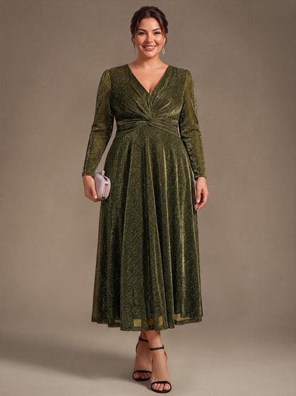 Knit Knot Detail Glitter Long Sleeve Wedding Guest Dress