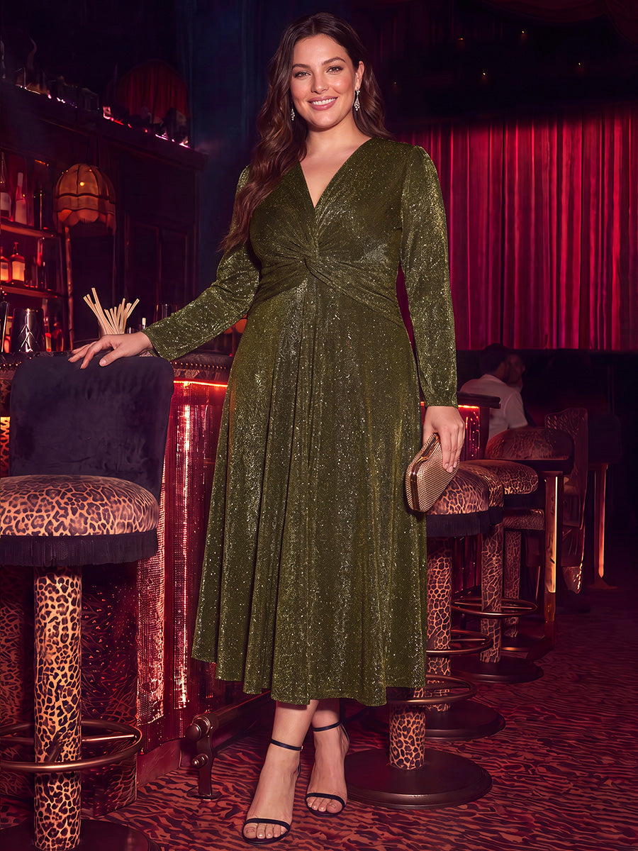 Knit Knot Detail Glitter Long Sleeve Wedding Guest Dress