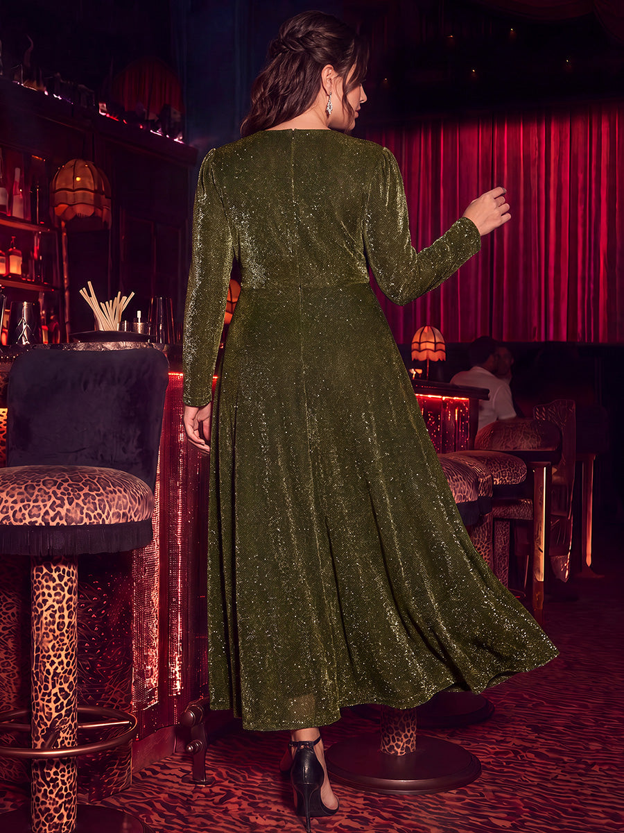 Knit Knot Detail Glitter Long Sleeve Wedding Guest Dress