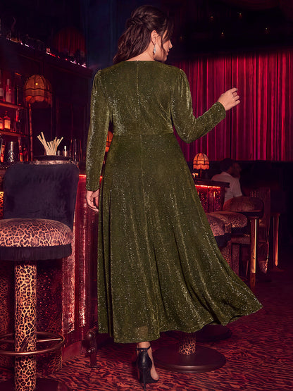 Knit Knot Detail Glitter Long Sleeve Wedding Guest Dress