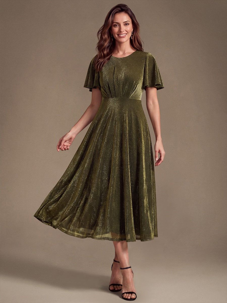 Knit Glitter Ruffle Sleeve A-Line Wedding Guest Dress — Metallic Gold