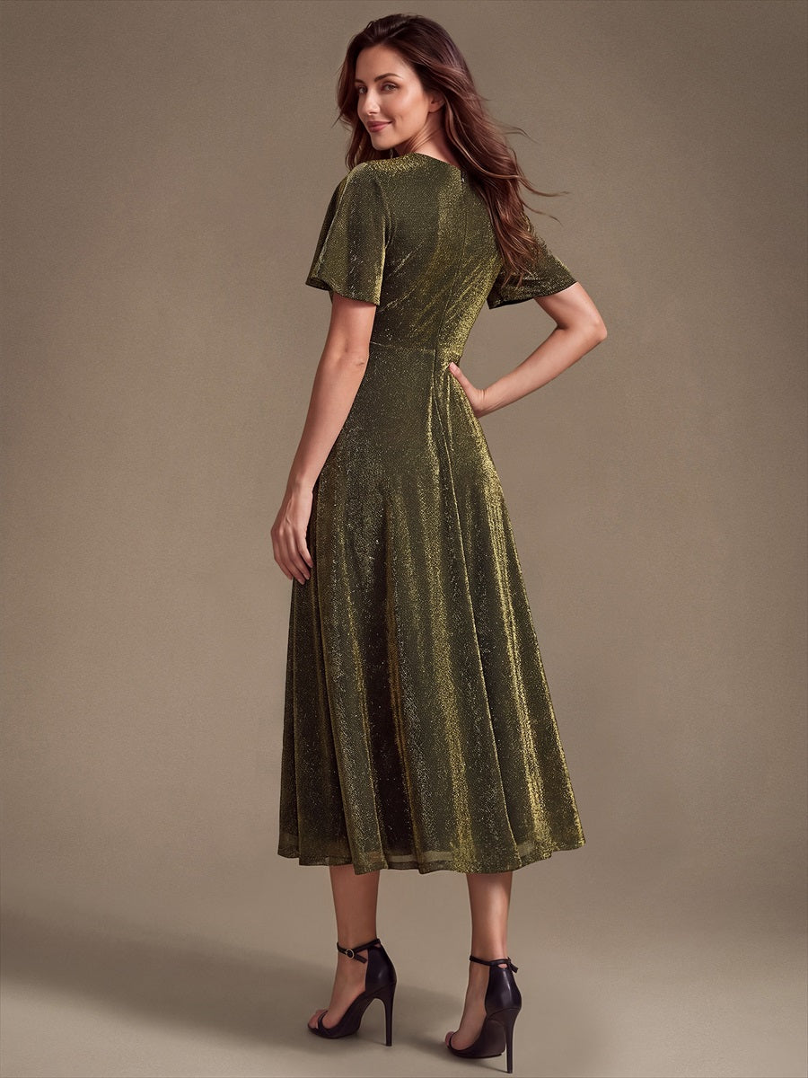 Knit Glitter Ruffle Sleeve A-Line Wedding Guest Dress